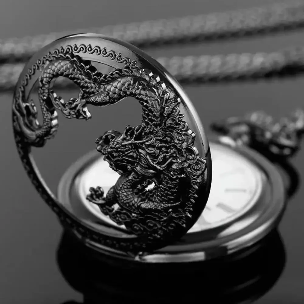Pocket Watch & Chain • Chinese Royal Dragon • Roman Numerals • Black Anodized